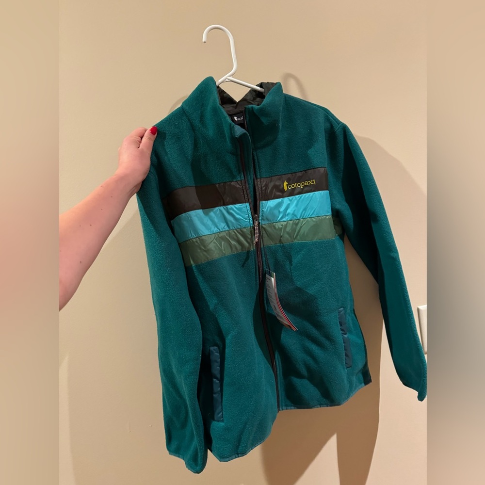 cotopaxi Teal Fleece Jacket with Blue and Olive Stripes